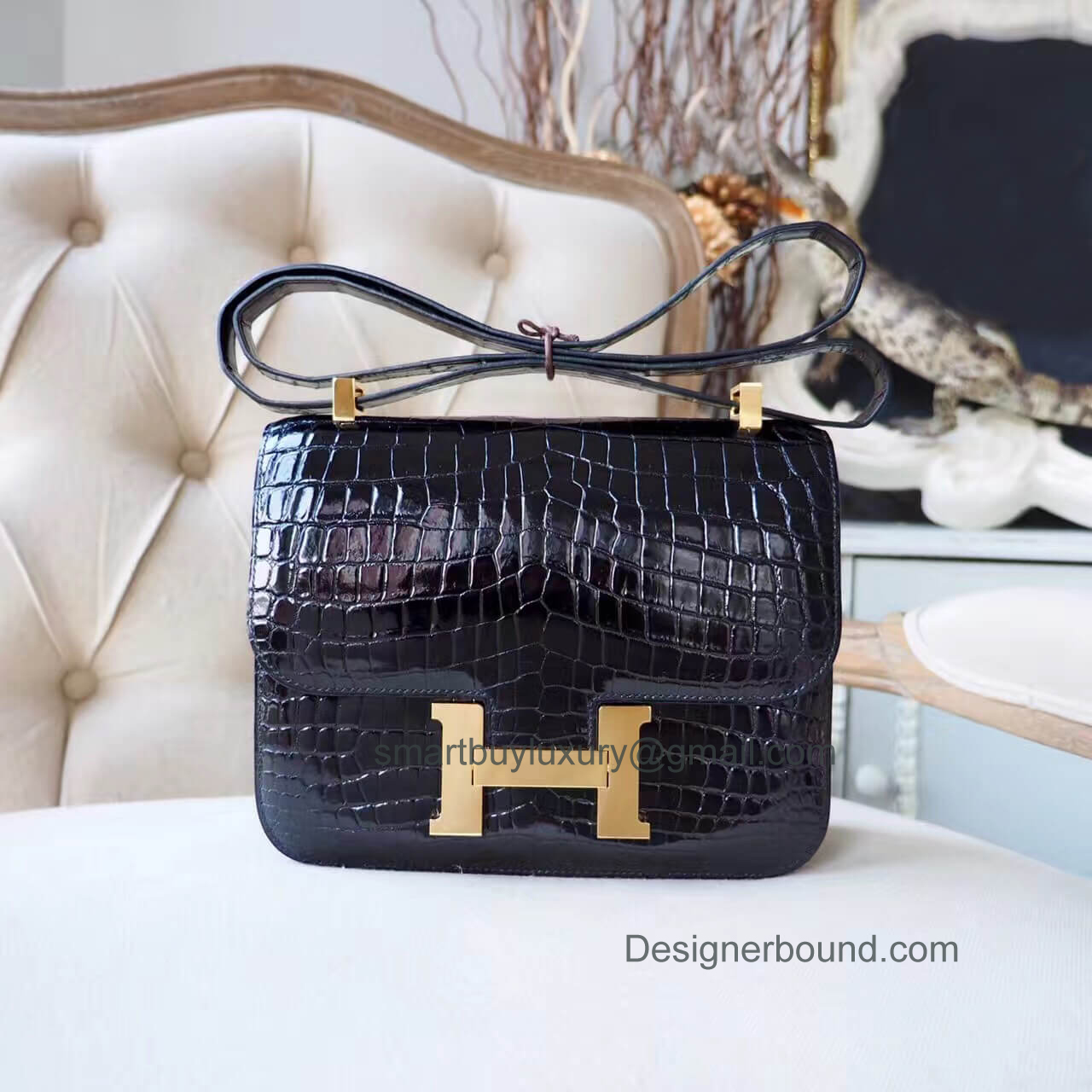 Hermes Constance 23 Bag in ck89 Noir Shiny Nile Croc GHW